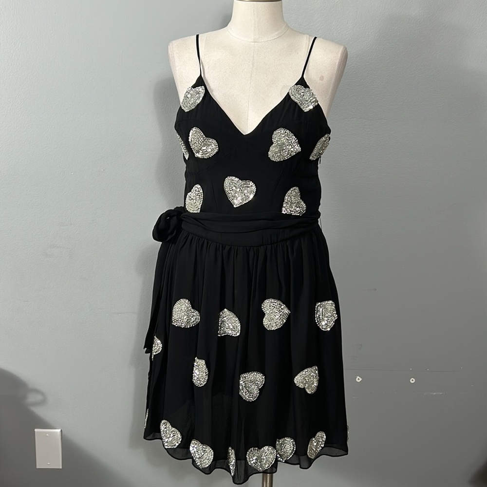 Jenny Han silk black silver sequin heart prom dress size small